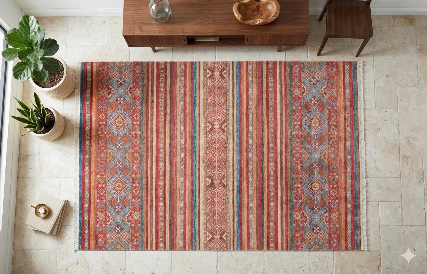 Red Vintage Oriental Afghan Rug: Washable Red Carpet with Stripes