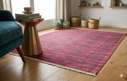 Red Vintage Oriental Afghan Rug: Washable Red Carpet with Tassels