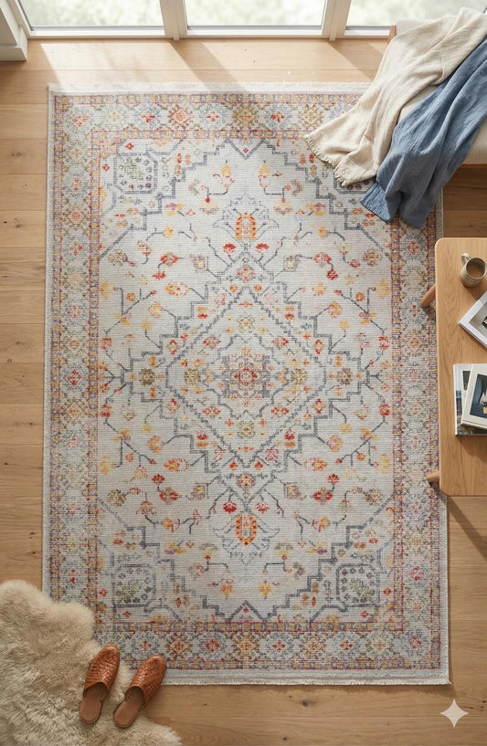 Light Gray Turkish Floral Rug – Vintage-Style Area Carpet with Diamond Medallion and Multicolor Accents