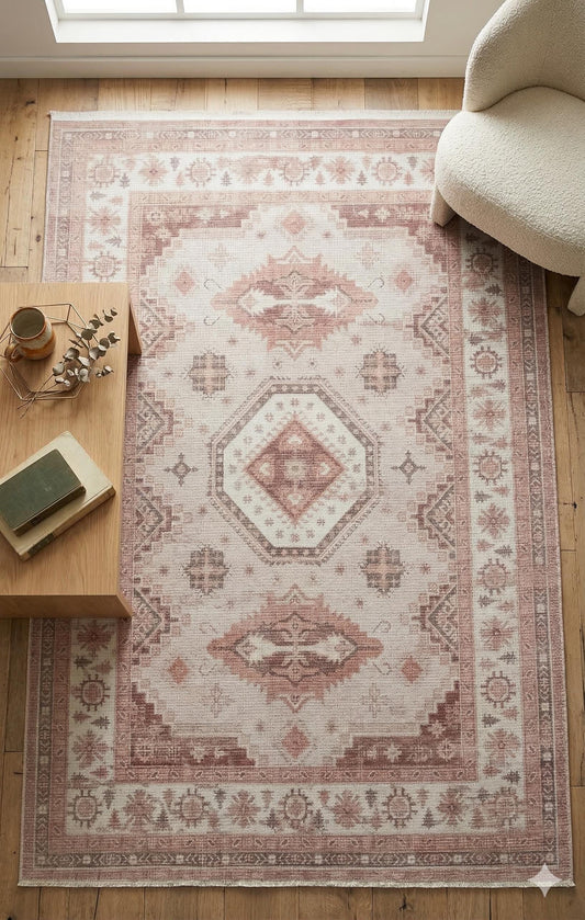 Blush Beige Turkish Rug – Soft Vintage Geometric Area Carpet for Neutral & Boho Home Decor