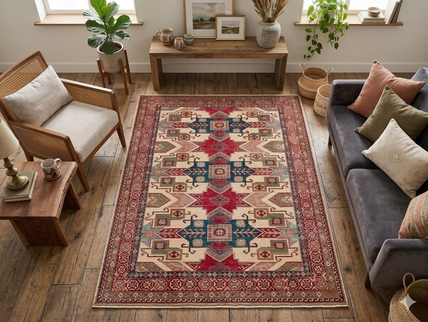 Large Handmade Afghan Kazak Rug – 207x274 cm - 7' x 9' -  Tribal Wool Carpet