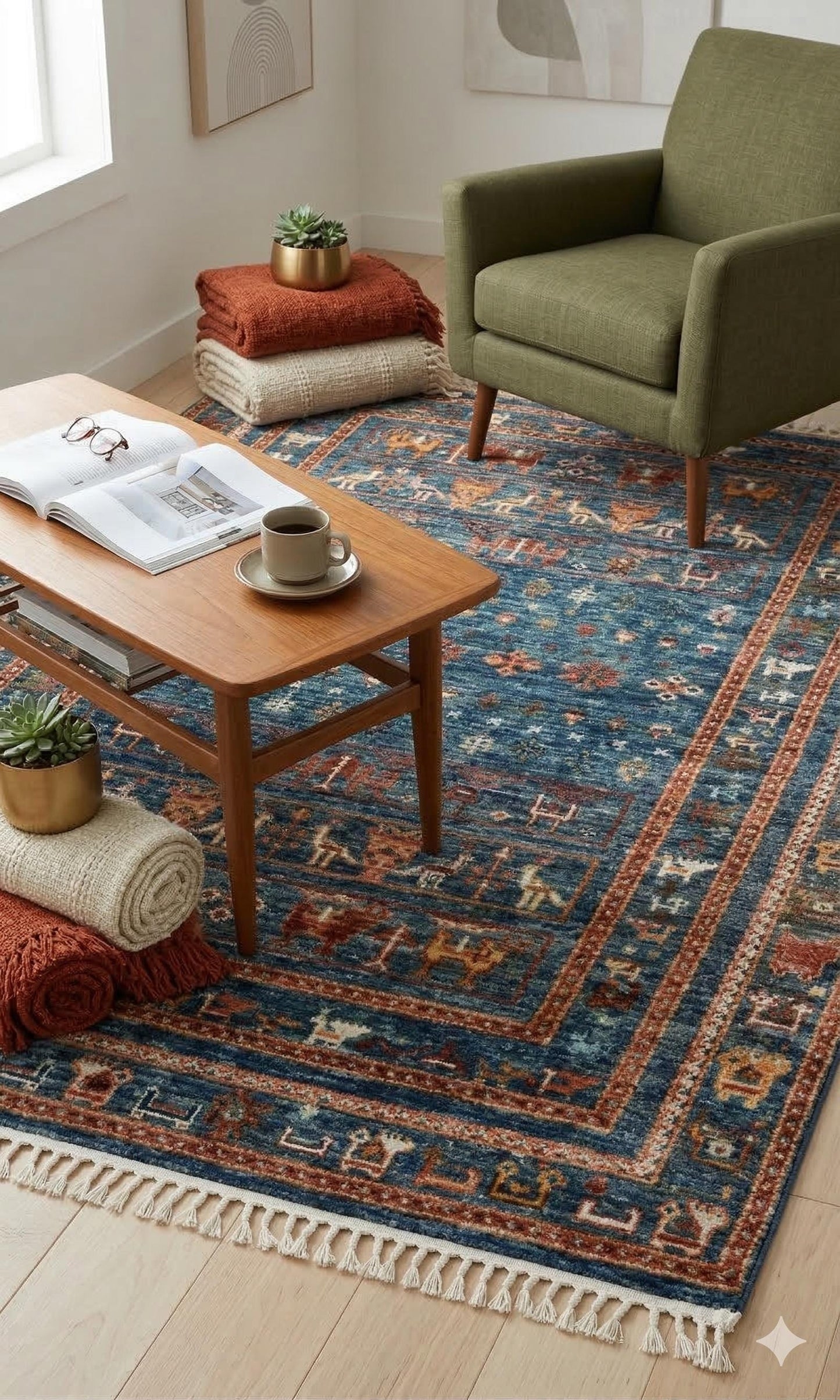 Blue Vintage Oriental Rug: Washable Living Room Rug with Tassels