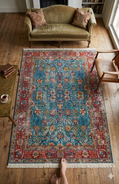 Blue Vintage Rug: Classic Washable Rug with Tassels