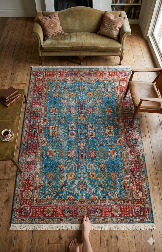 Blue Vintage Rug: Classic Washable Rug with Tassels