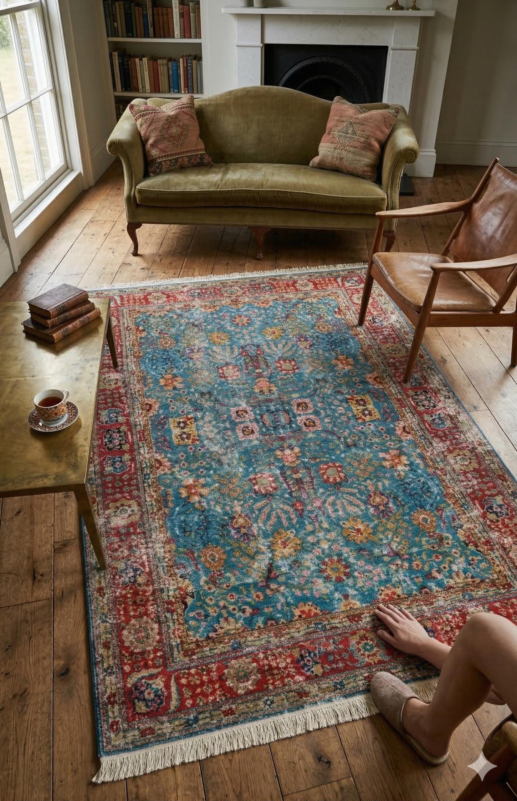 Blue Vintage Rug: Classic Washable Rug with Tassels