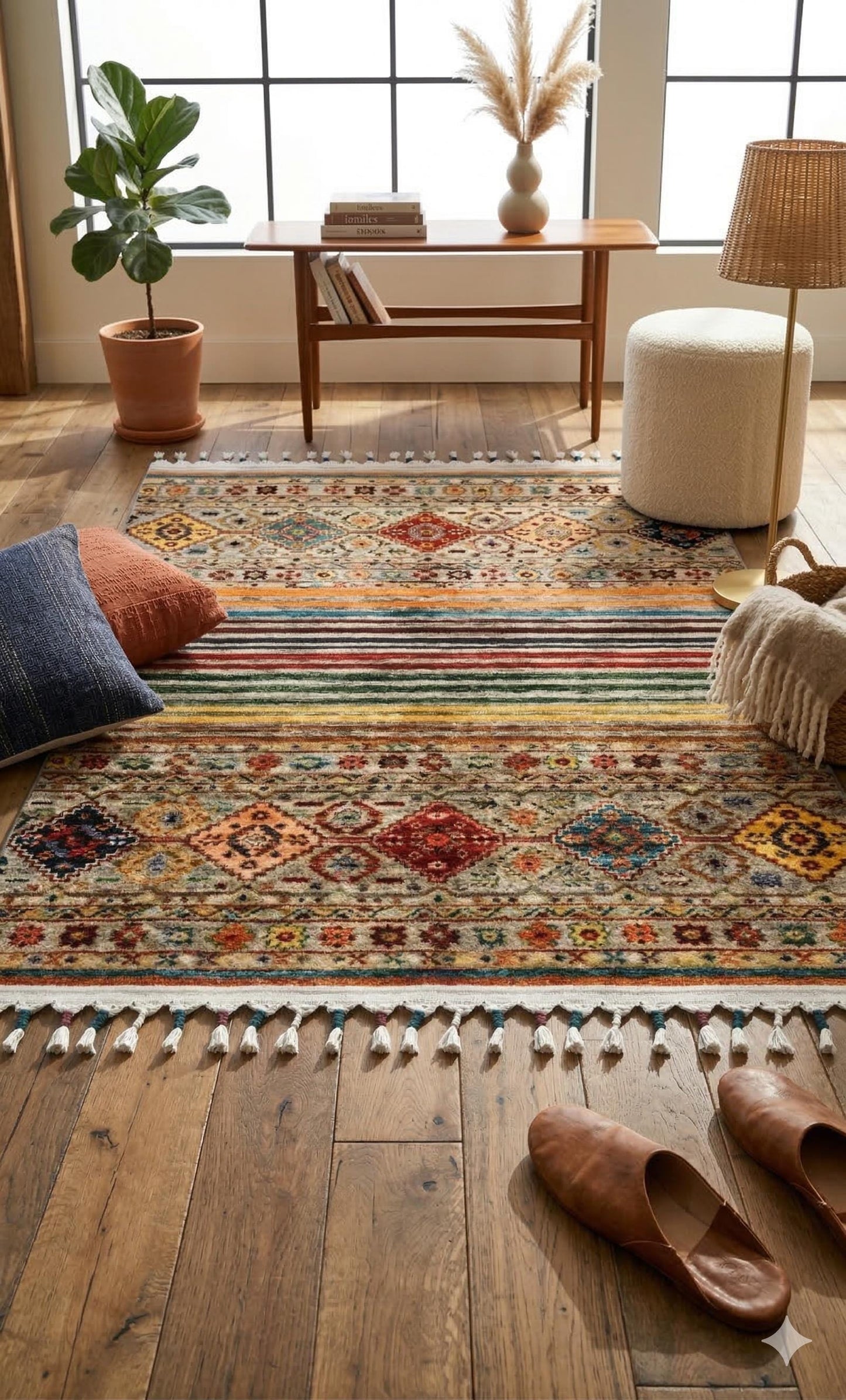 Beige Vintage Rug: Washable Living Room Rug with Tassels