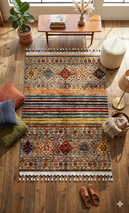Beige Vintage Rug: Washable Living Room Rug with Tassels