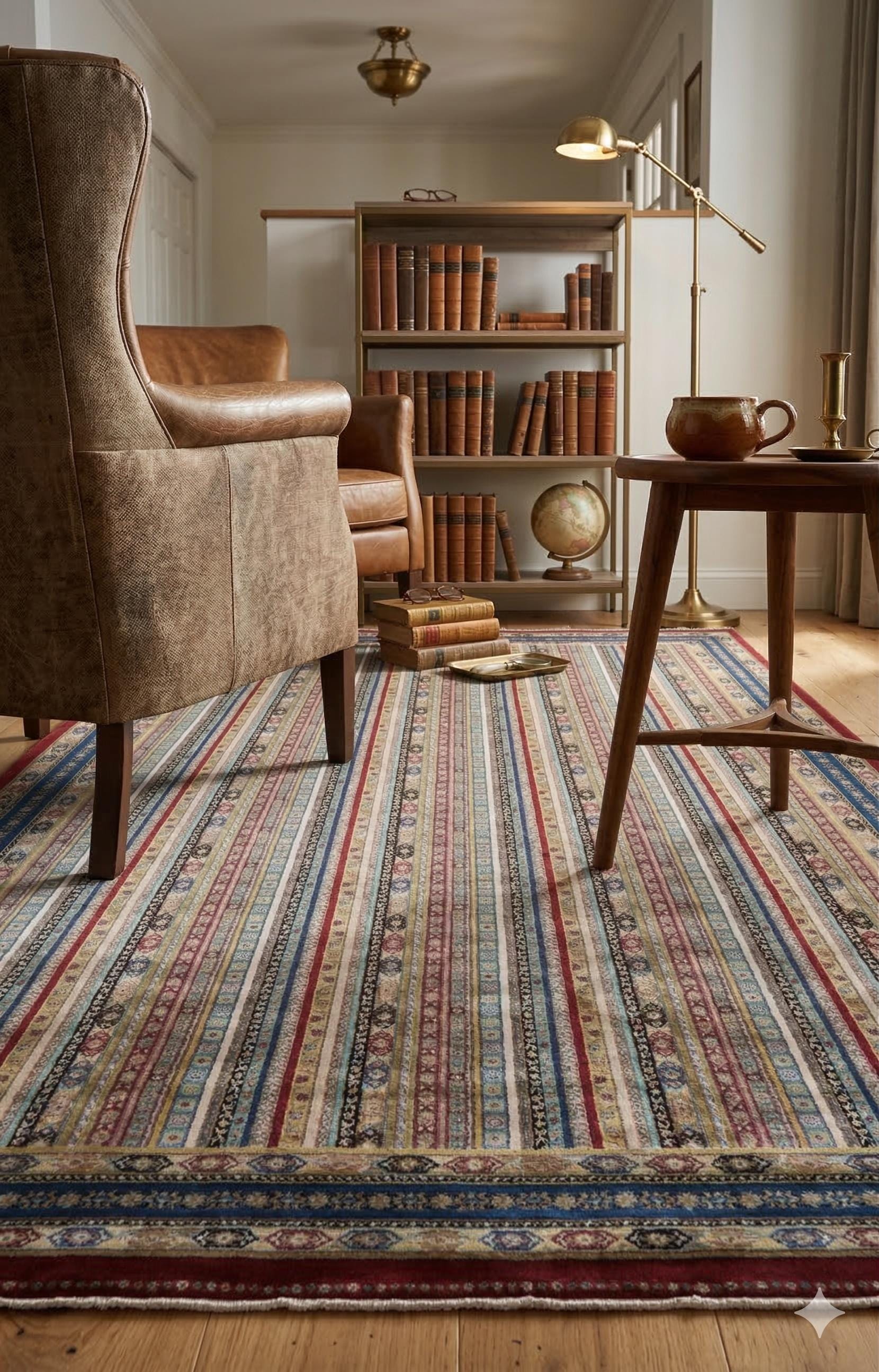 Red Striped Area Rug – Silk-Feel Viscose Oriental Carpet