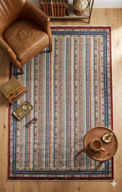 Red Striped Area Rug – Silk-Feel Viscose Oriental Carpet