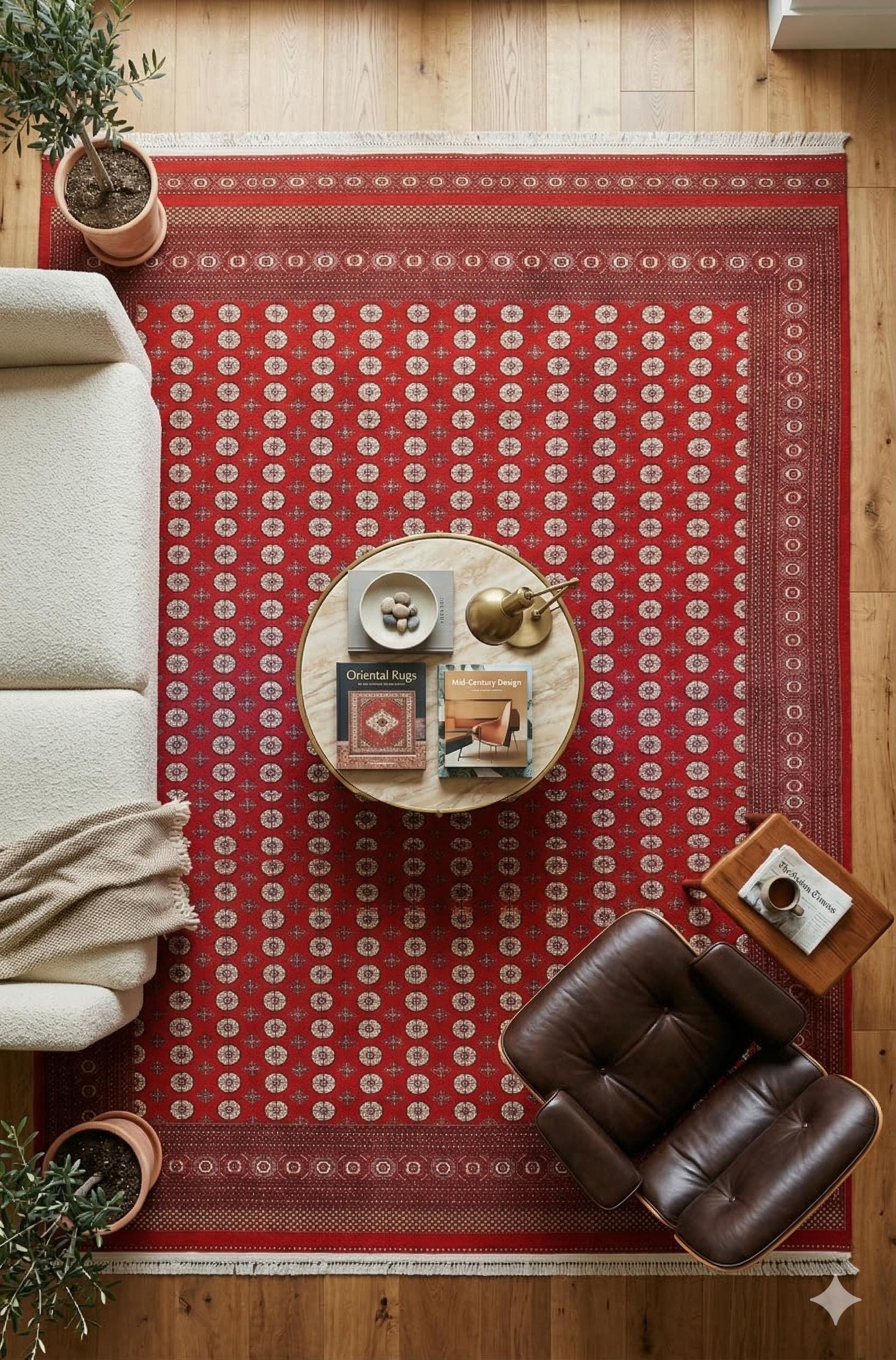 Traditional Red Bokhara Area Rug – Silk-Feel Viscose Carpet, Oriental Medallion Design