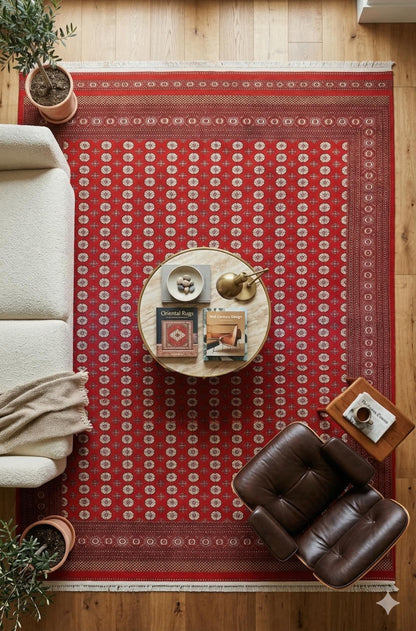 Traditional Red Bokhara Area Rug – Silk-Feel Viscose Carpet, Oriental Medallion Design