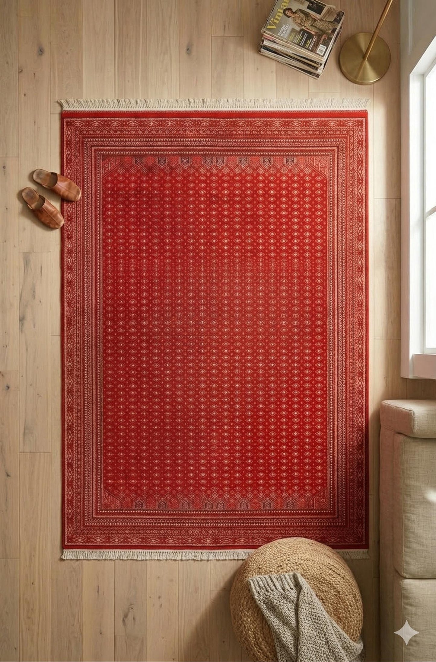 Red Bokhara Area Rug – Silk-Feel Viscose Oriental Carpet