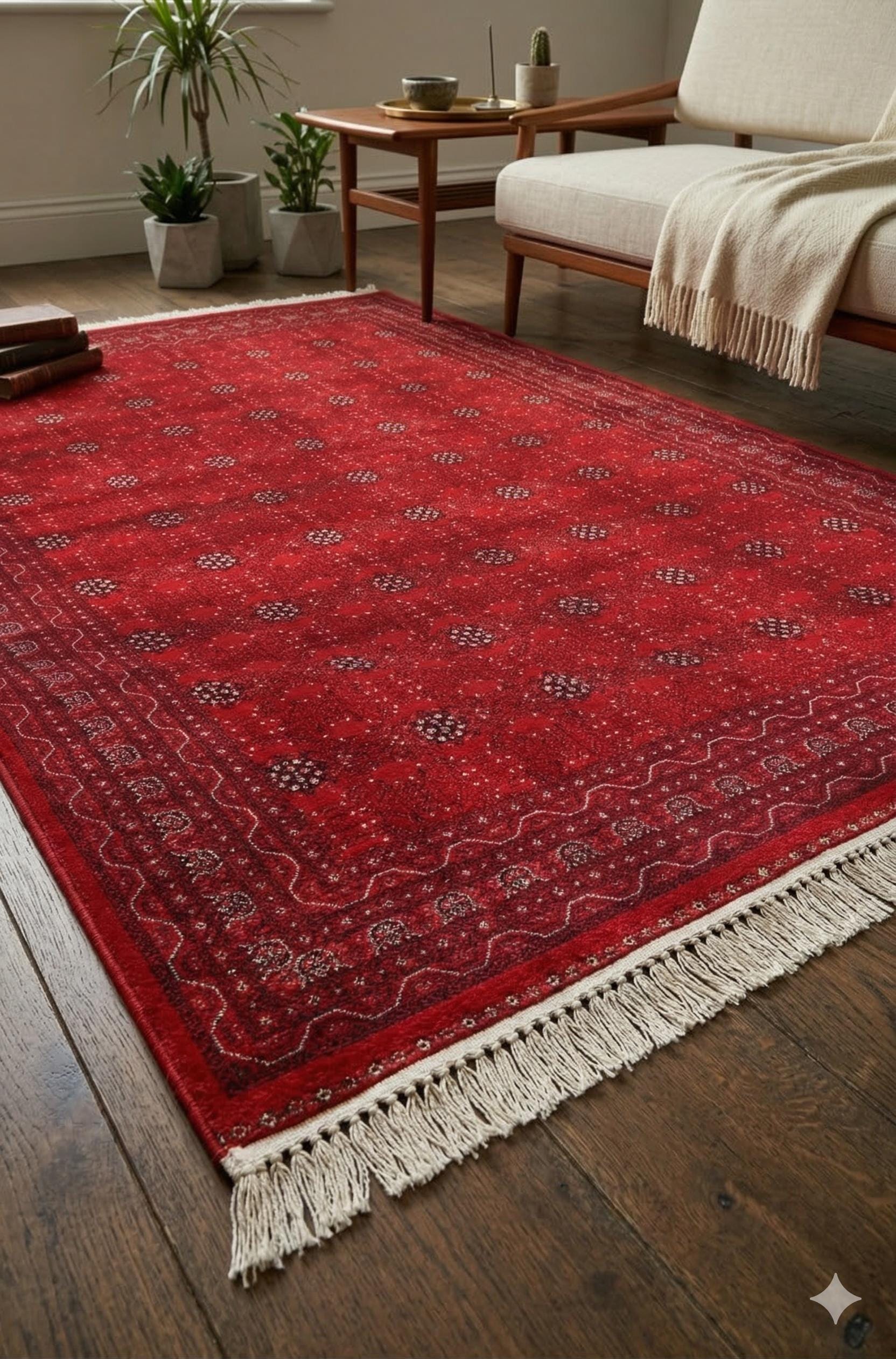 Traditional Red Bokhara Area Rug – Silk-Feel Viscose Oriental Carpet