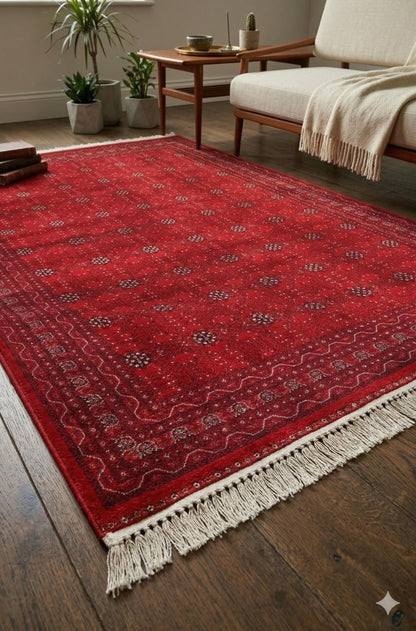 Traditional Red Bokhara Area Rug – Silk-Feel Viscose Oriental Carpet