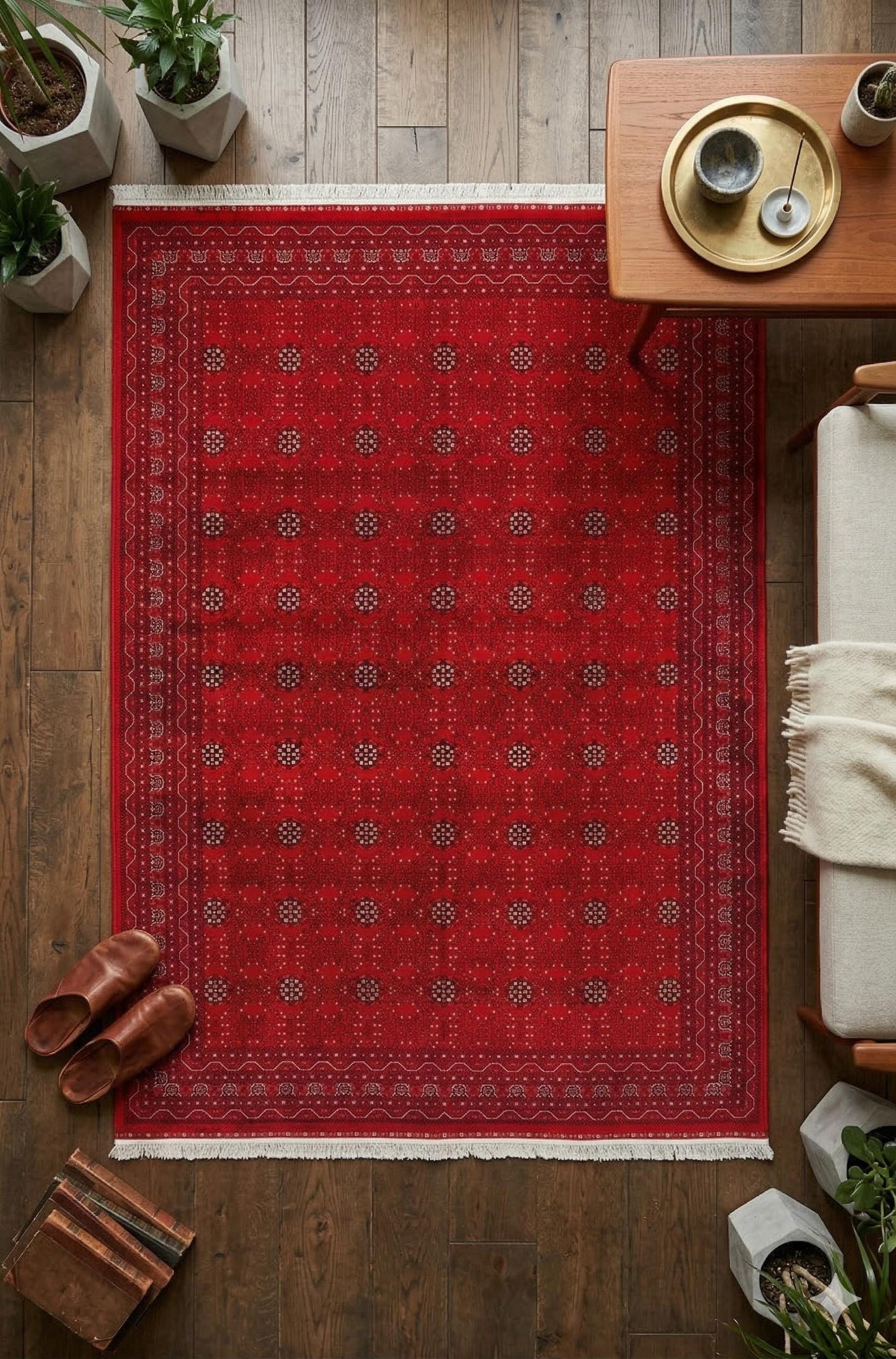 Traditional Red Bokhara Area Rug – Silk-Feel Viscose Oriental Carpet