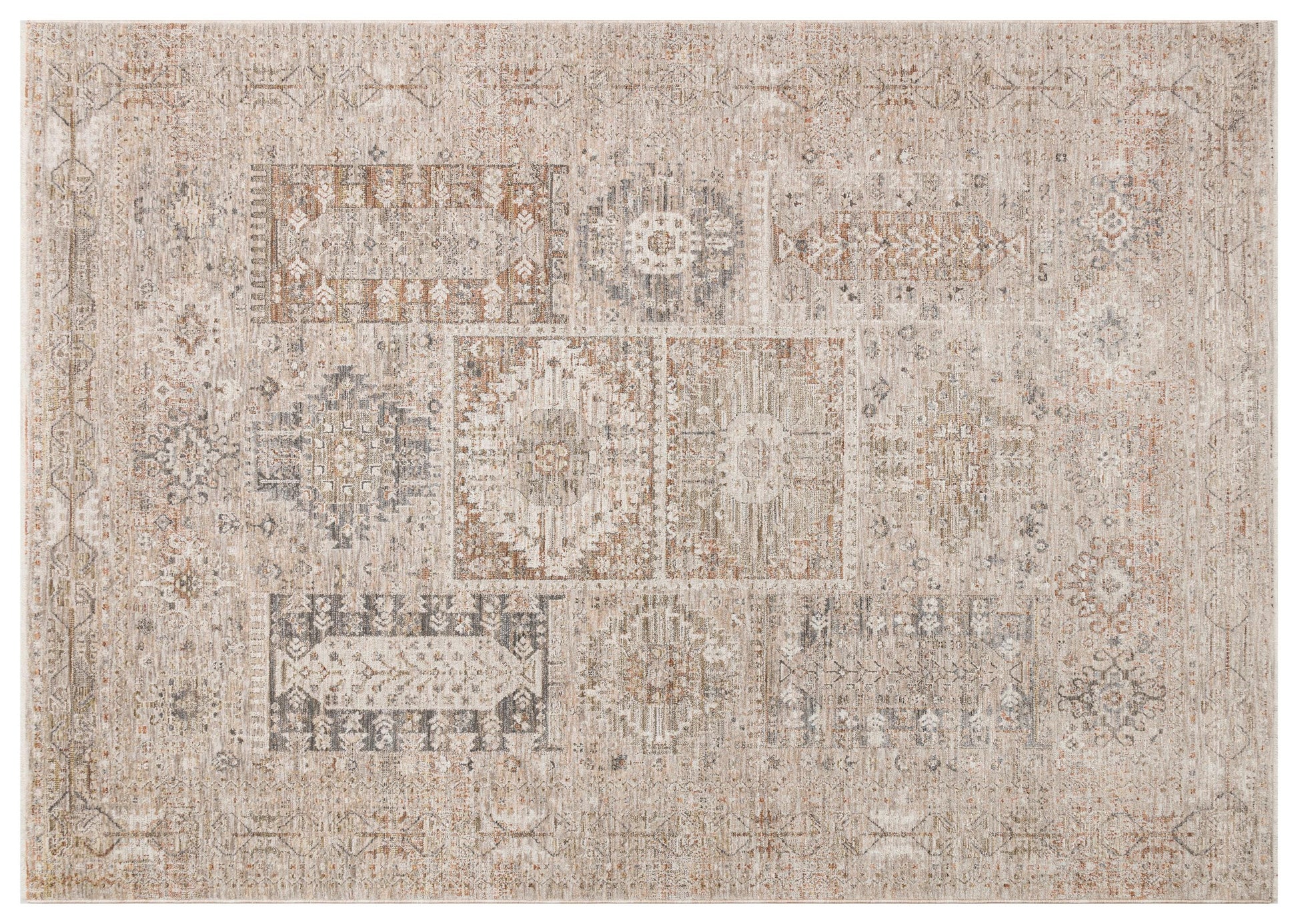 Vintage-Style Distressed Patchwork Area Rug – Muted Earth Tones & Terracotta