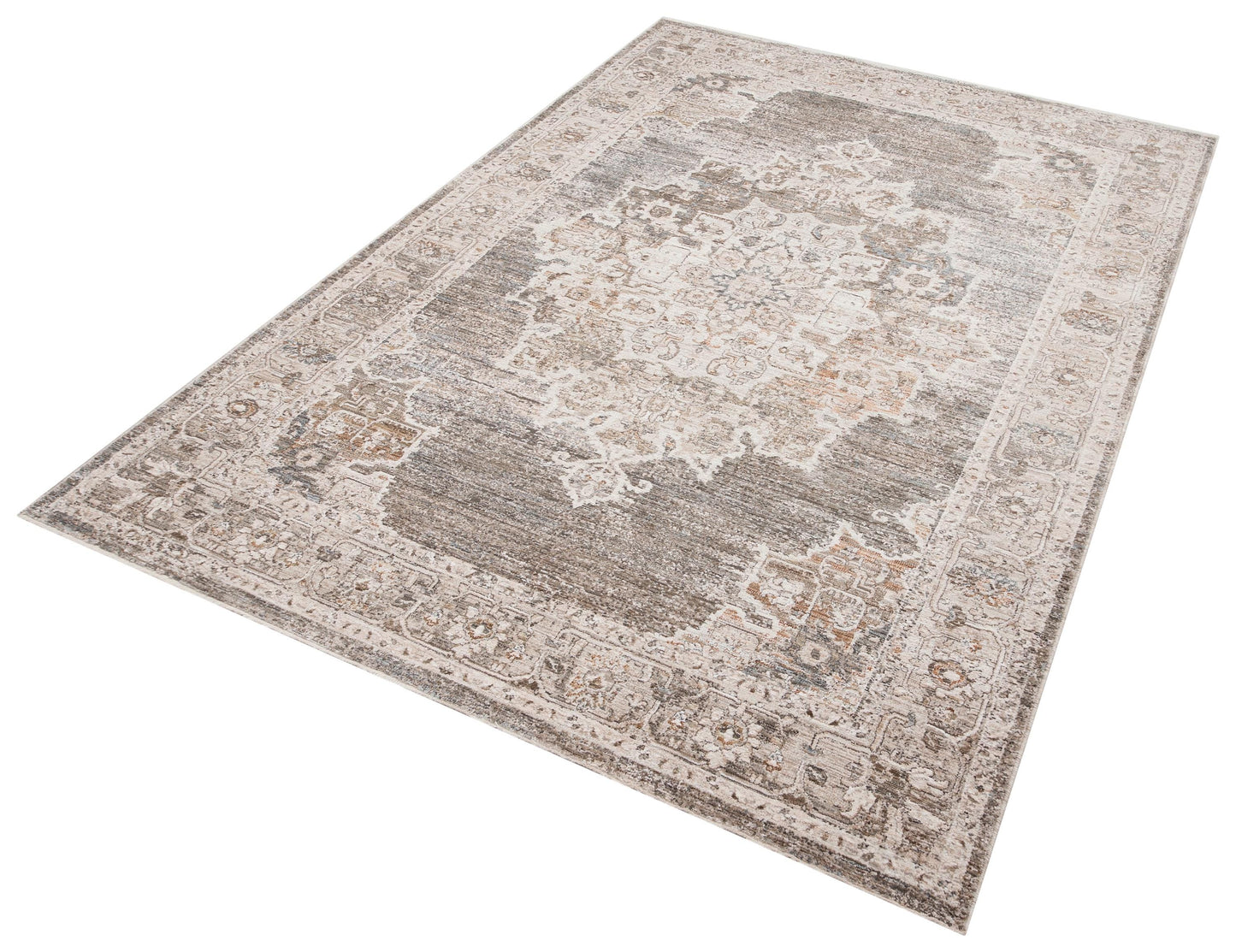 Distressed Vintage Persian Style Area Rug – Muted Taupe, Gray, Cream Medallion Carpet