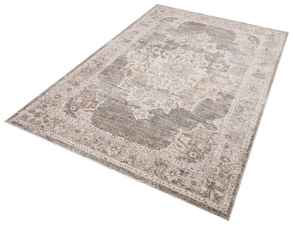 Distressed Vintage Persian Style Area Rug – Muted Taupe, Gray, Cream Medallion Carpet