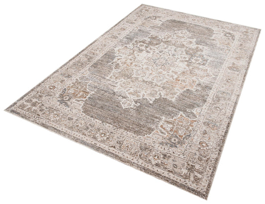 Distressed Vintage Persian Style Area Rug – Muted Taupe, Gray, Cream Medallion Carpet