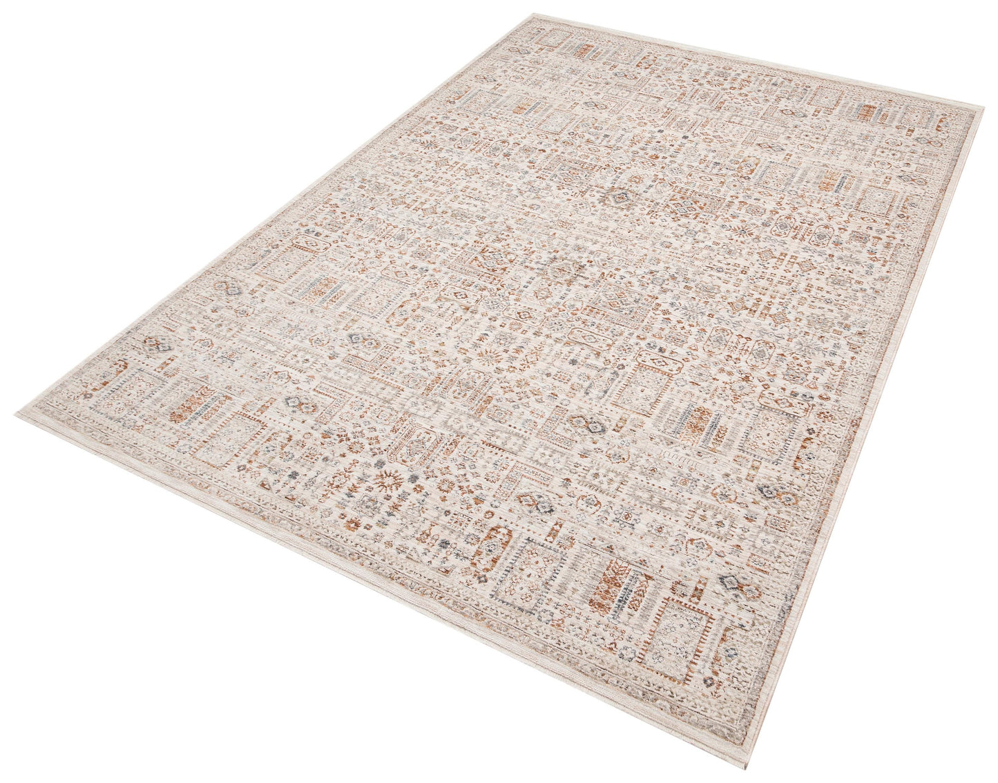 Distressed Persian Style Area Rug – Neutral Cream, Terracotta, Slate Blue Transitional Carpet