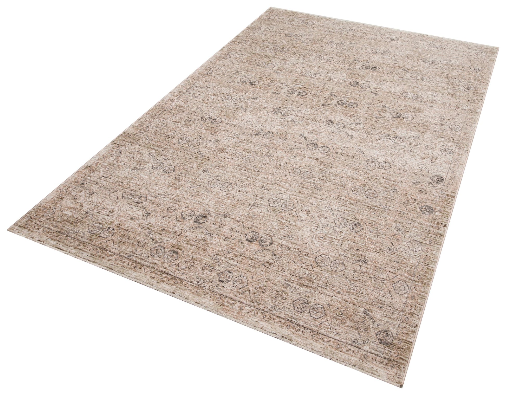 Distressed Turkish Medallion Rug – Neutral Beige Sage Green Oriental Carpet