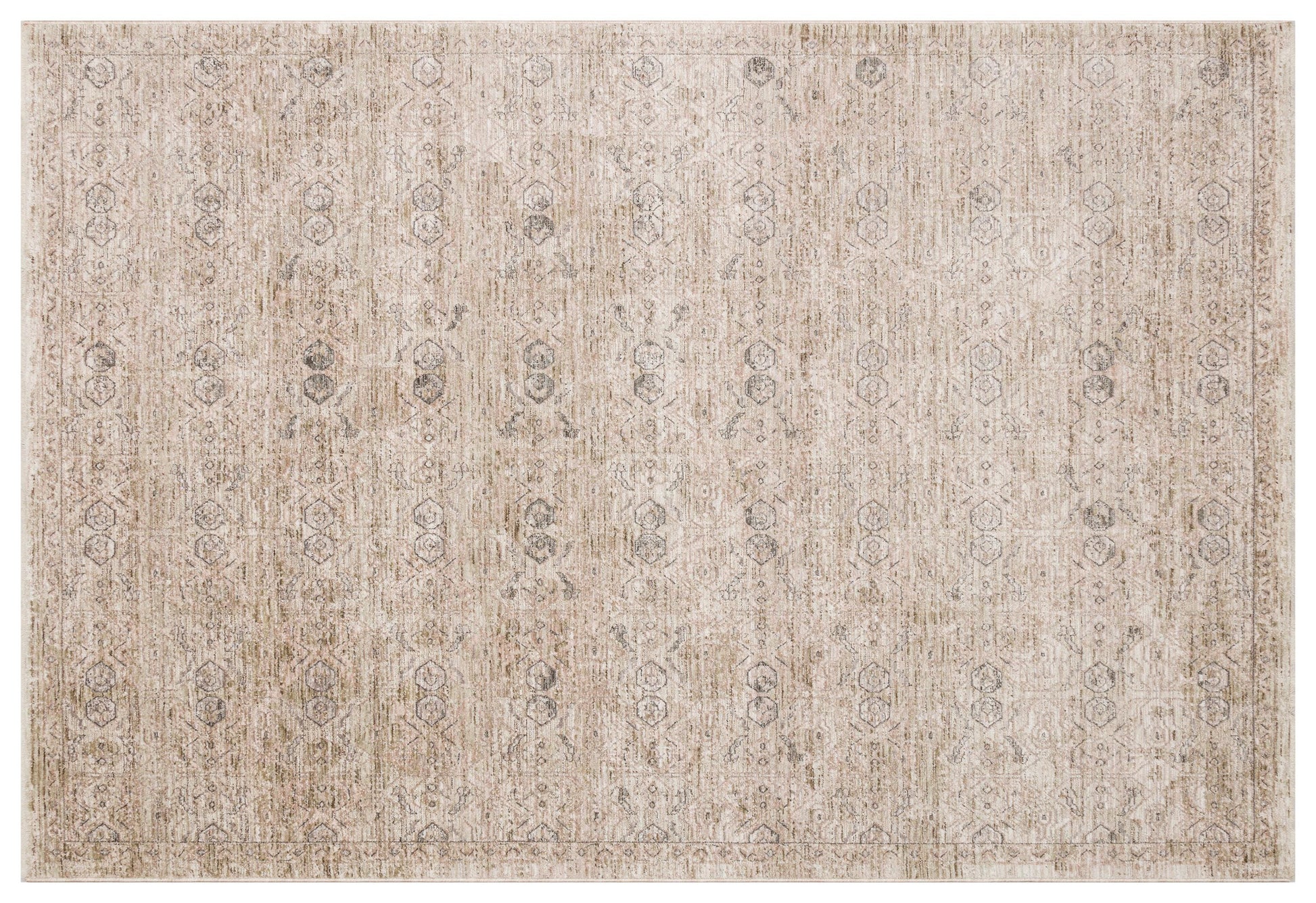 Distressed Turkish Medallion Rug – Neutral Beige Sage Green Oriental Carpet