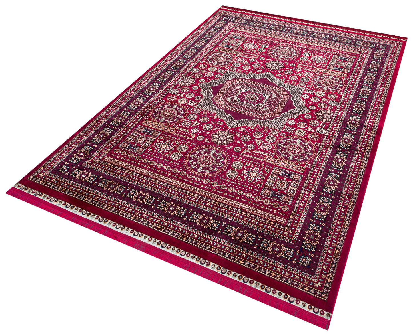 Crimson Red Persian Style Area Rug – Geometric Medallion Oriental Carpet