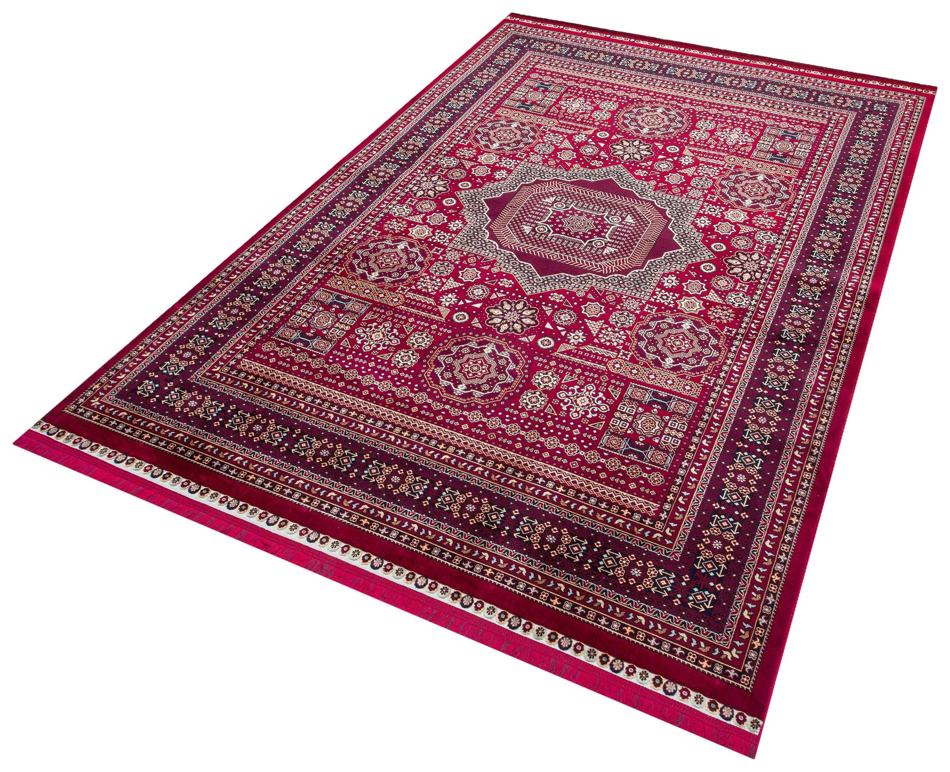 Crimson Red Persian Style Area Rug – Geometric Medallion Oriental Carpet