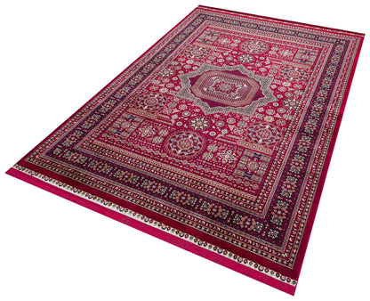 Crimson Red Persian Style Area Rug – Geometric Medallion Oriental Carpet