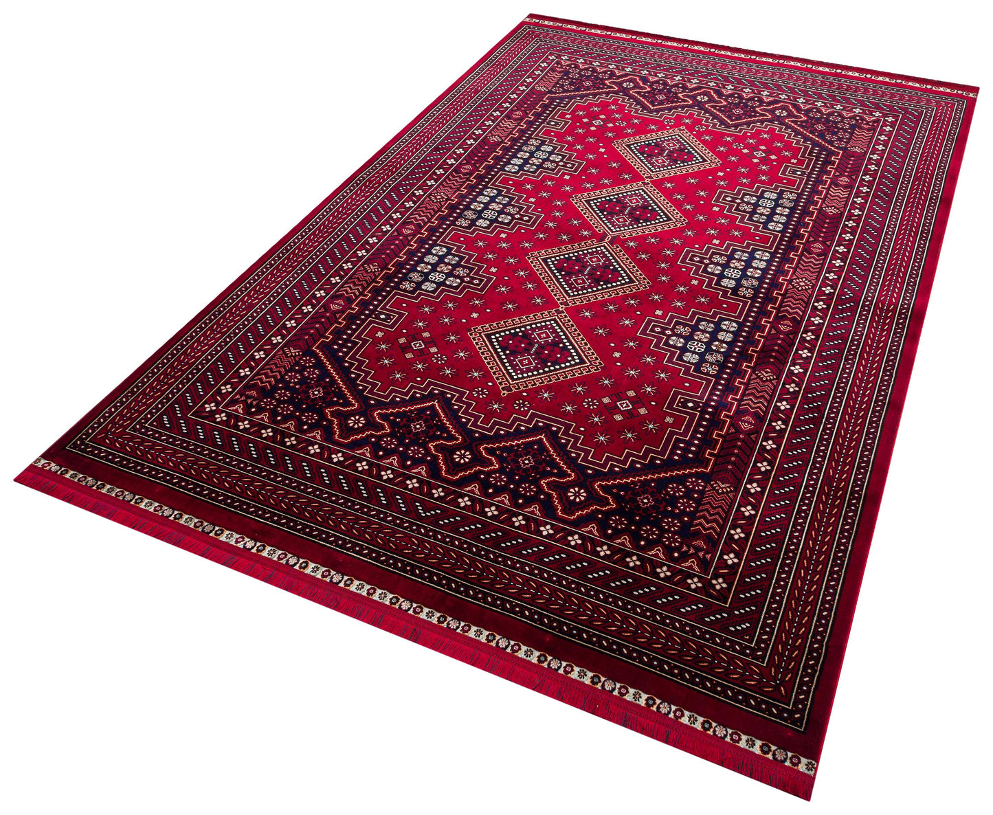 Crimson Red Persian Style Area Rug – Geometric Medallion Oriental Carpet
