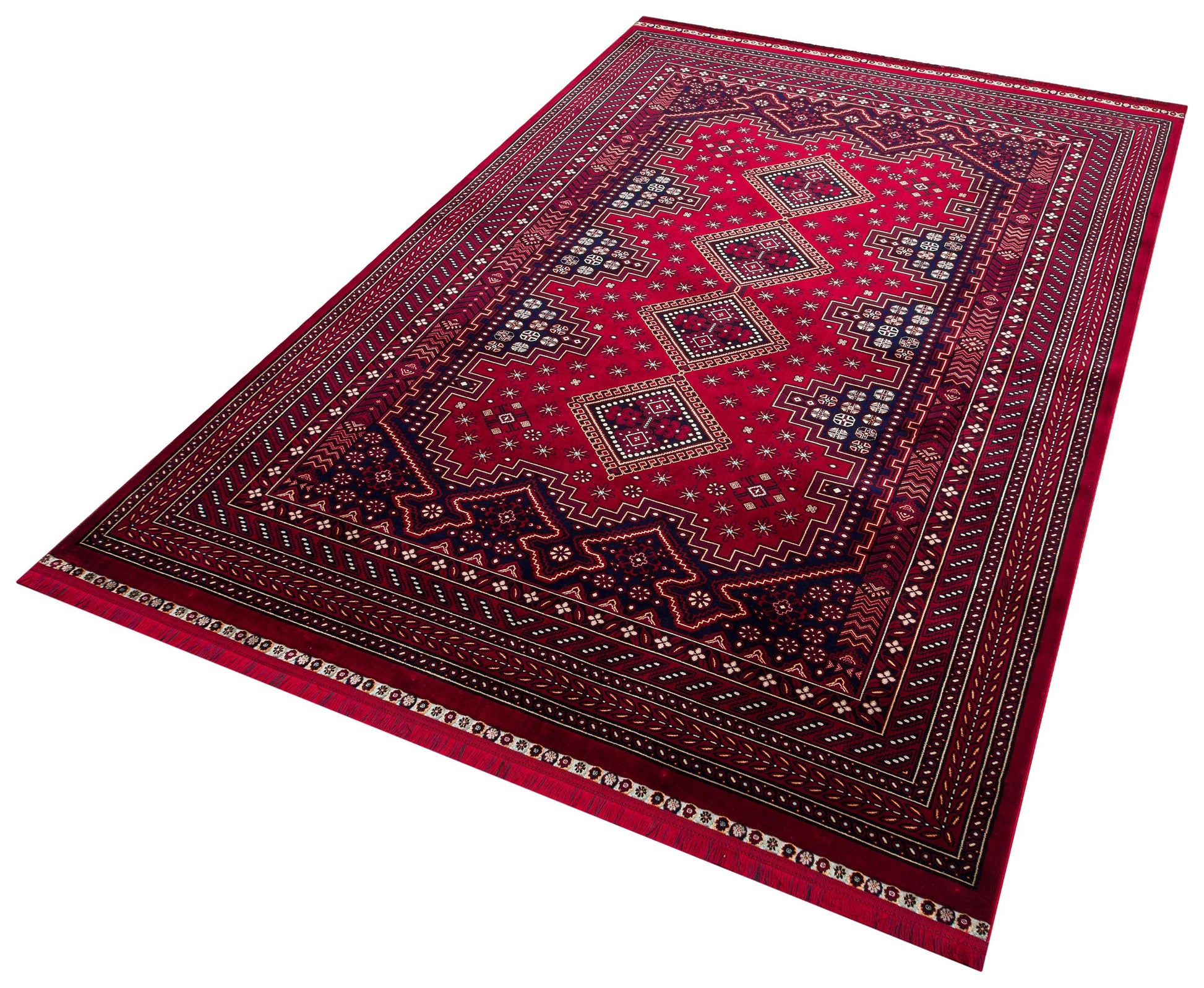 Crimson Red Persian Style Area Rug – Geometric Medallion Oriental Carpet