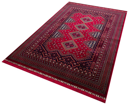 Crimson Red Persian Style Area Rug – Geometric Medallion Oriental Carpet