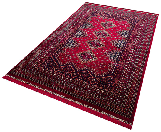 Crimson Red Persian Style Area Rug – Geometric Medallion Oriental Carpet