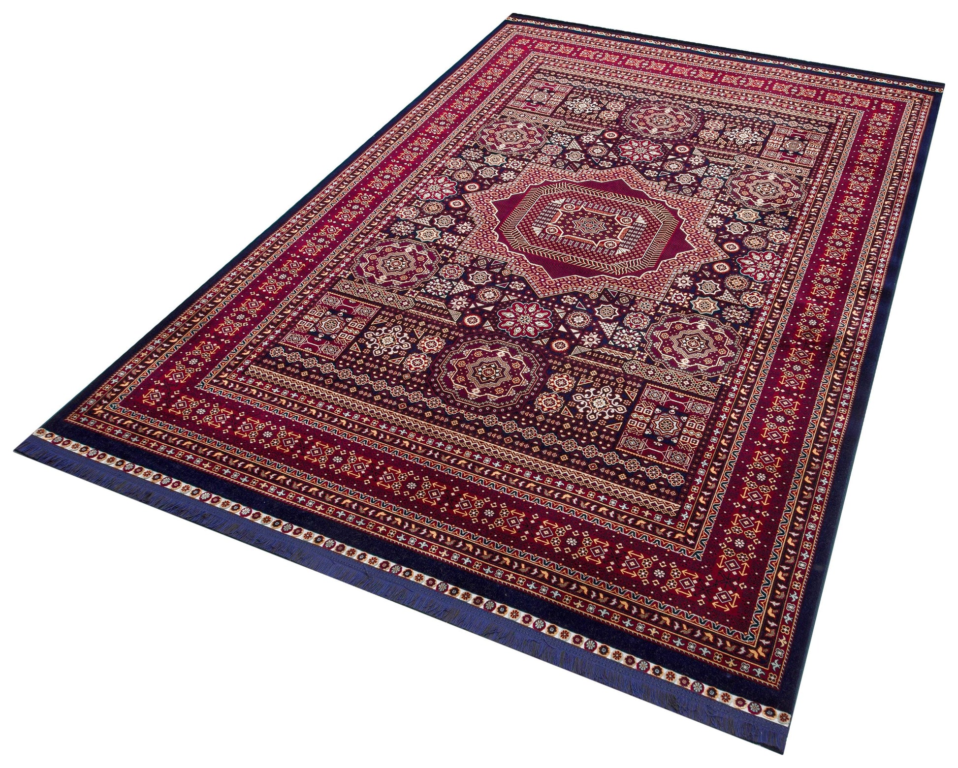 Crimson Red Persian Style Area Rug – Geometric Medallion Oriental Carpet