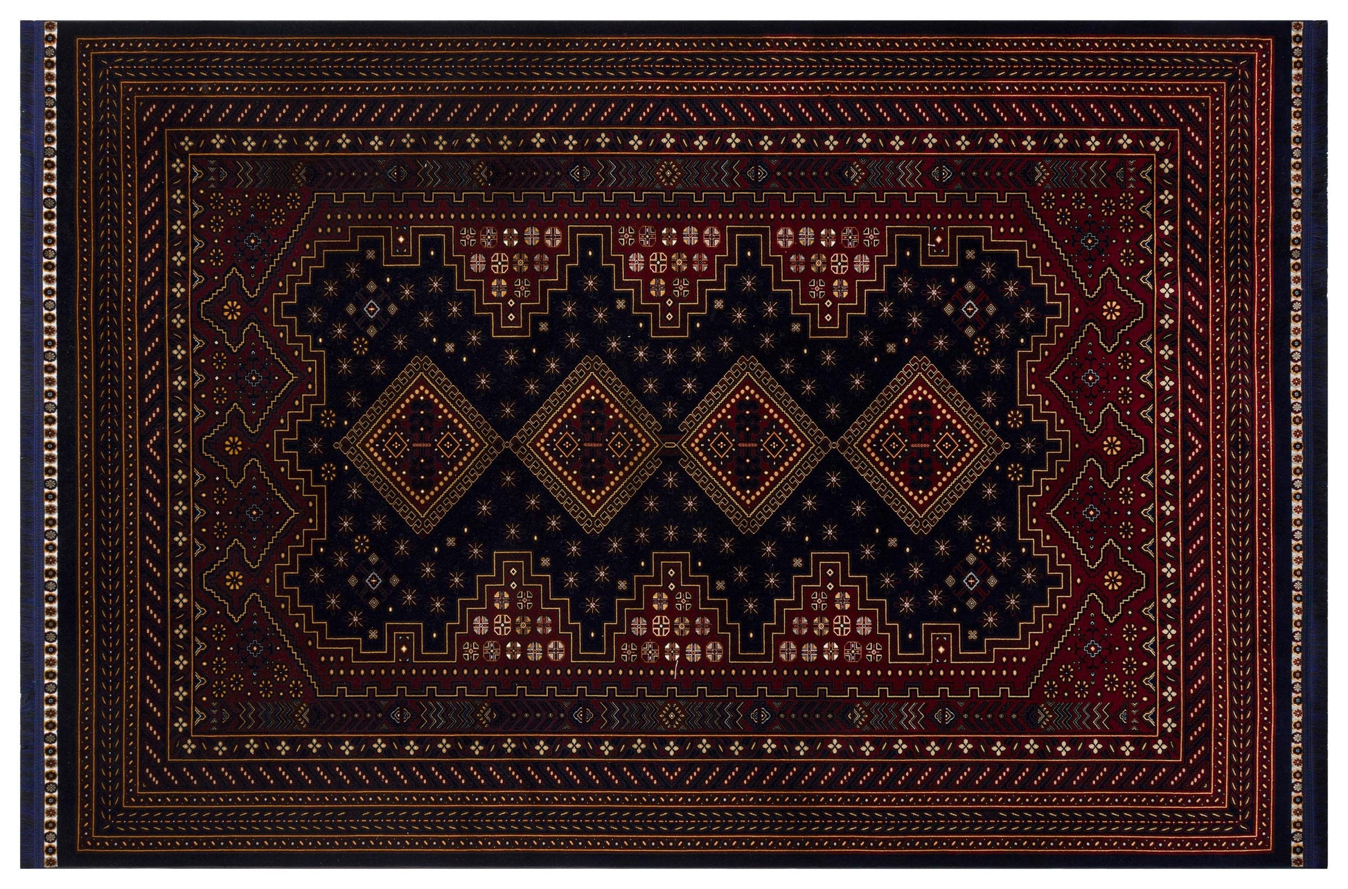 Crimson Red Persian Style Area Rug – Geometric Medallion Oriental Carpet