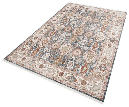 Distressed Persian Style Rug – Muted Blue Terracotta Boho Area Carpet