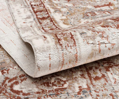 Distressed Terracotta Oriental Medallion Rug, Faded Antique Look Boho Carpet