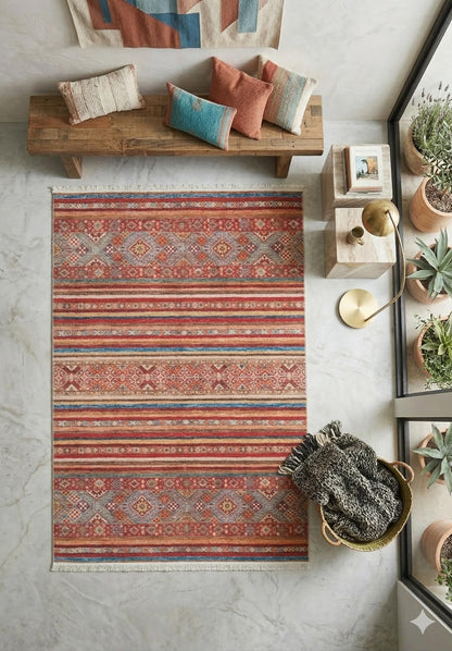 Red Southwestern Kilim Rug – Bohemian Ethnic Terracotta Blue Area Carpet