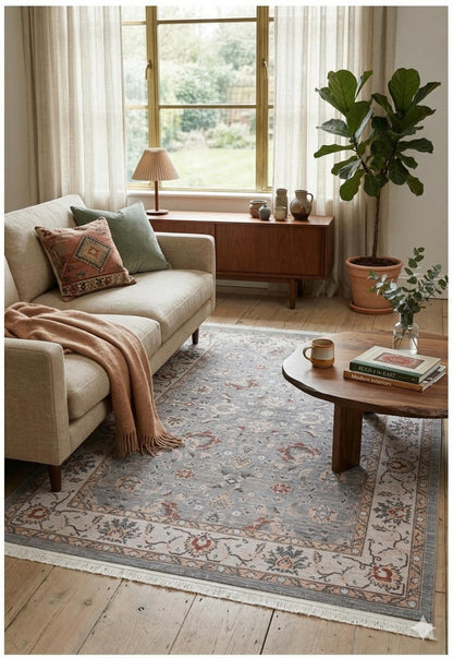 Distressed Oriental Area Rug – Faded Grey Floral Transitional Decor
