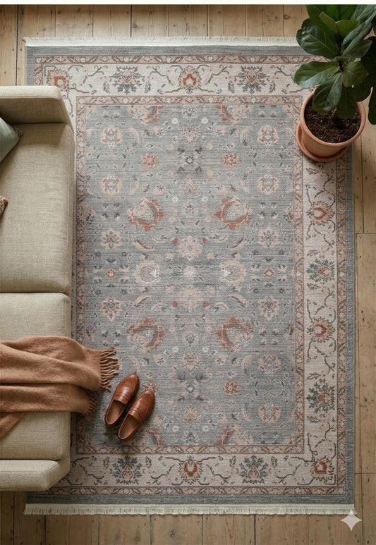 Distressed Oriental Area Rug – Faded Grey Floral Transitional Decor
