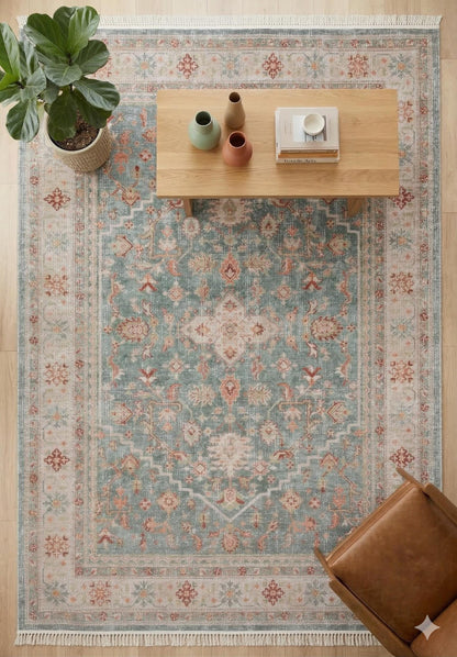 Distressed Oriental Rug – Sage Green Terracotta Muted Persian Style Carpet