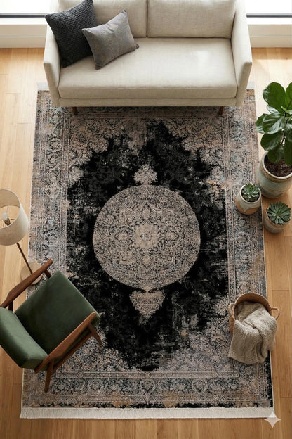 7x10 ft, Black Classic medallion Silk Rug: Fine viscose carpet with Fringes