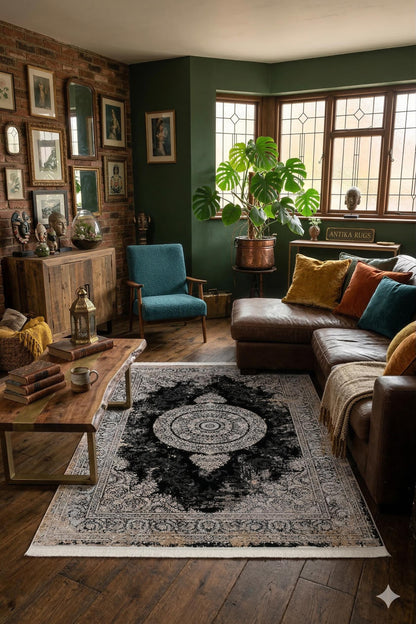 7x10 ft, Black Classic medallion Silk Rug: Fine viscose carpet with Fringes