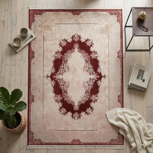 7x10ft, Burgundy Classic Medallion Rug, Bamboo Yarn, Hand-Finished Silk Tassels