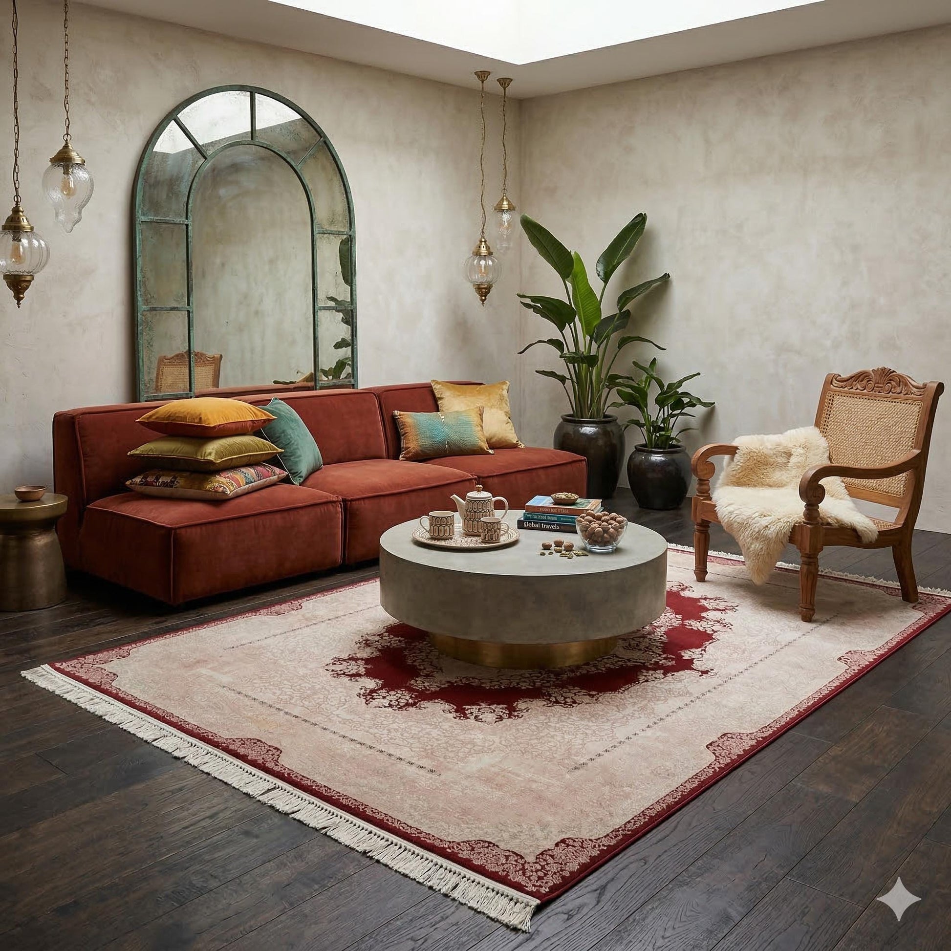 7x10ft, Burgundy Classic Medallion Rug, Bamboo Yarn, Hand-Finished Silk Tassels