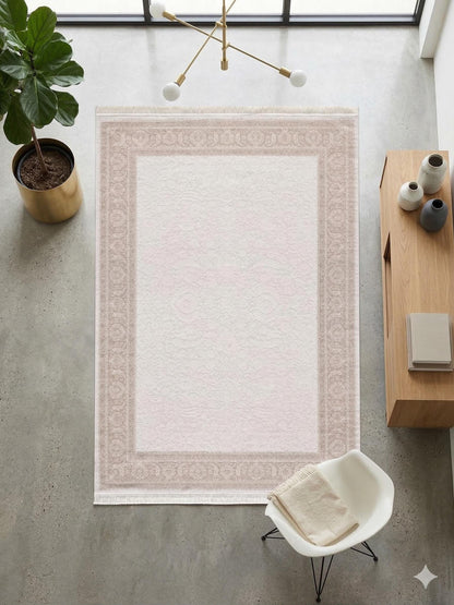 7x10 ft, Beige Classic border Rug: Beige Bamboo yarn carpet with fine fringes