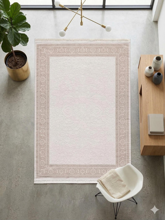 7x10 ft, Beige Classic border Rug: Beige Bamboo yarn carpet with fine fringes