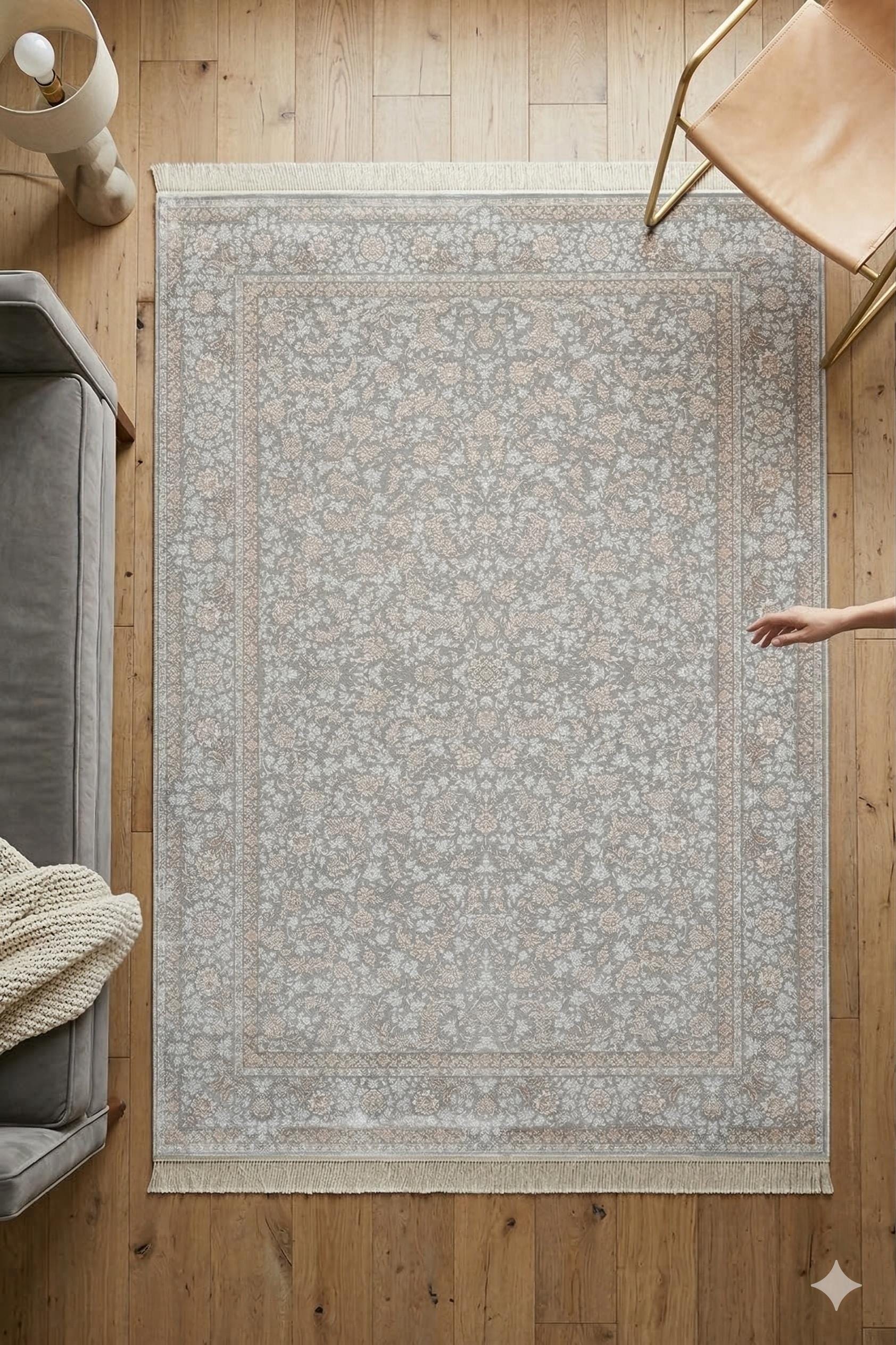 7x10 ft, Gray Classic oriental Silk Rug: Bamboo Yarn,fine fringes carpet