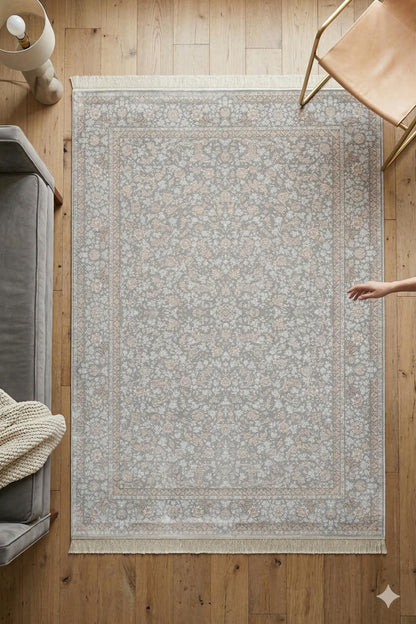 7x10 ft, Gray Classic oriental Silk Rug: Bamboo Yarn,fine fringes carpet