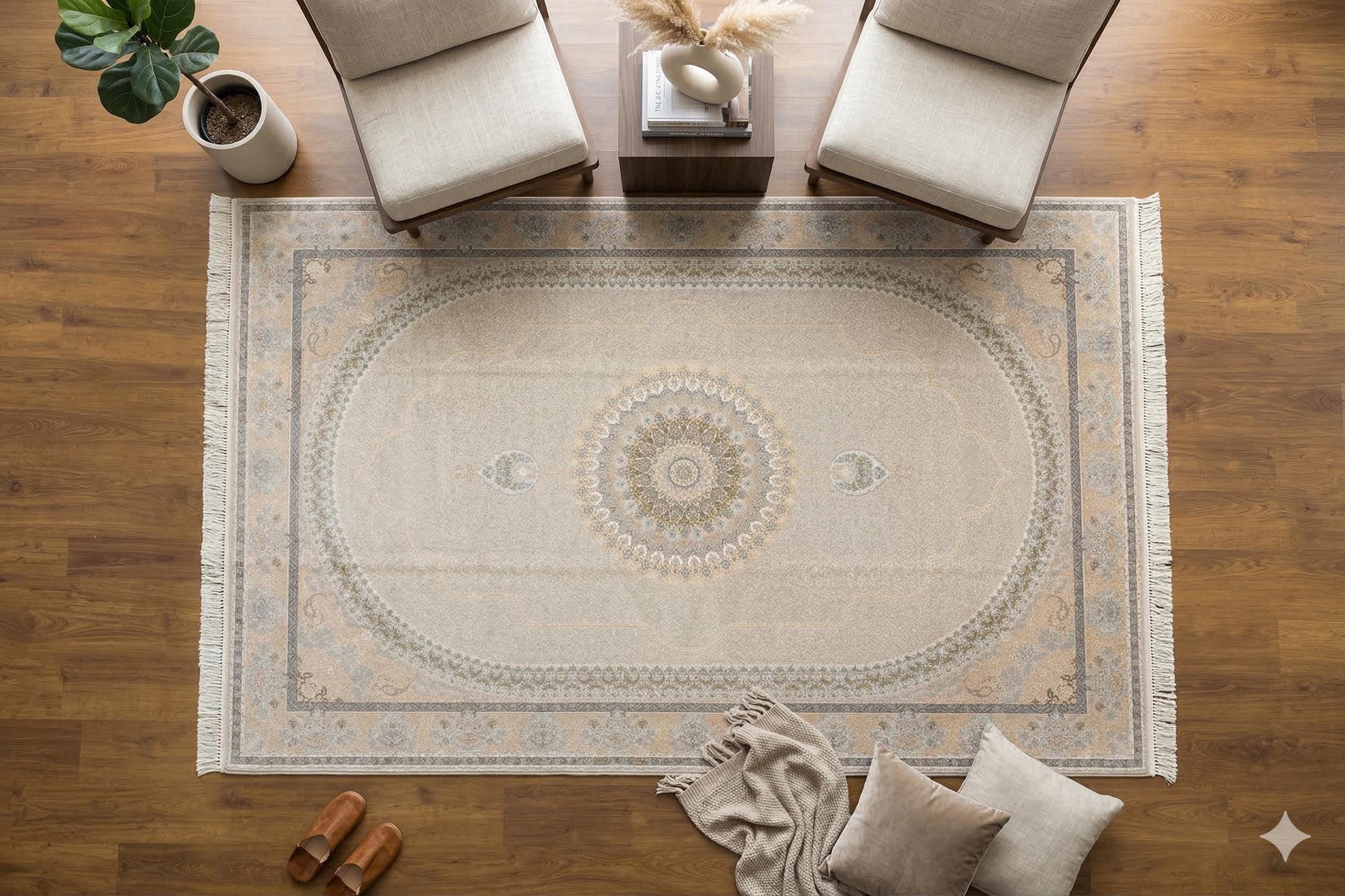 8x11 ft, Beige Classic oriental Silk medallion Rug made with viscose yarn